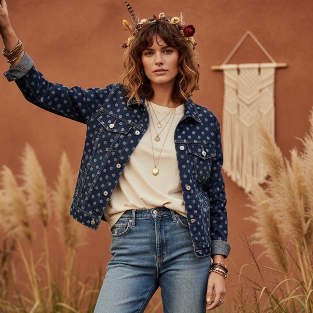 LuLaRoe Kenny Denim Trucker Style Jacket • Polka Dots with Scattered Hearts